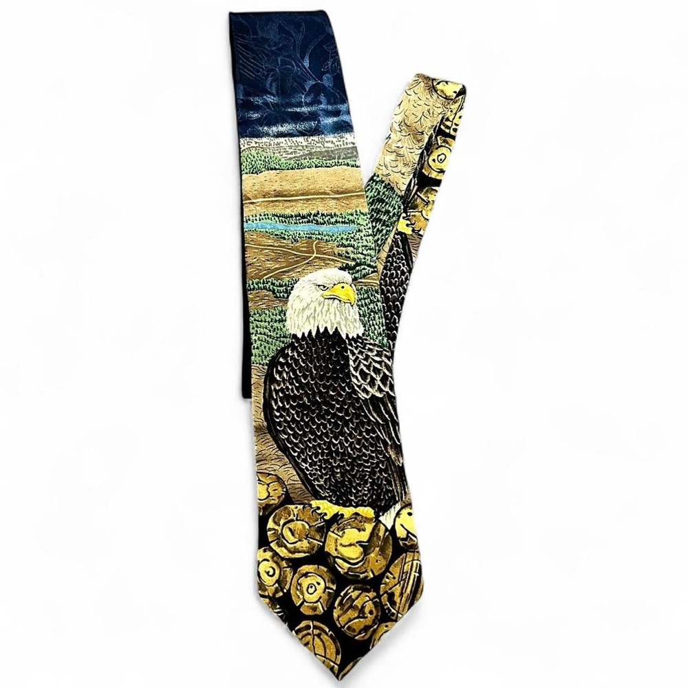 Vintage 1996 Marc Dennis vanishing forest bald eagle 100% silk art tie nature